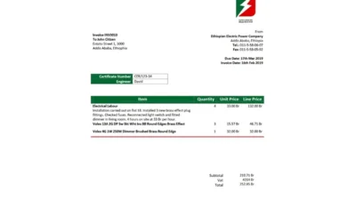 Editable Ethiopia Ethiopian Electric Power Company electricity utility bill template