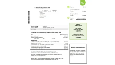 Australia Tru Energy electricity utility bill template in Word and PDF format