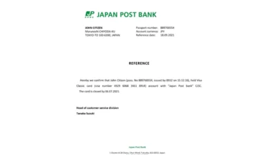 Japan Post Bank Reference Letter Template
