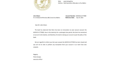 Bolivia Banco Central De Bolivia Bank Account Reference Letter Template