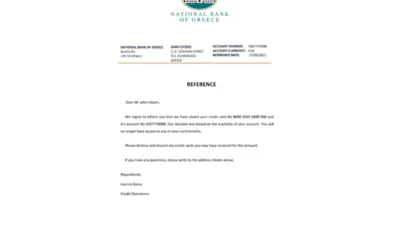 Greece National Bank of Greece Bank Reference Letter Template