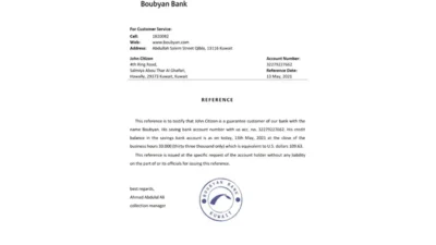 Kuwait Boubyan Bank Reference Letter Template