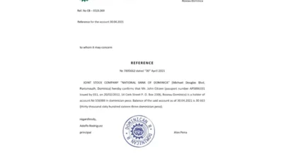 Dominica National Bank of Dominica Bank Reference Letter Template