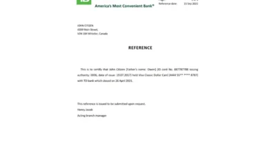 Canada TD Bank Reference Letter Template