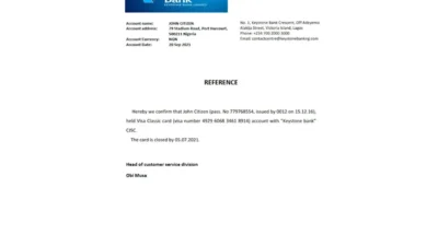 Nigeria Keystone Bank bank account reference letter template
