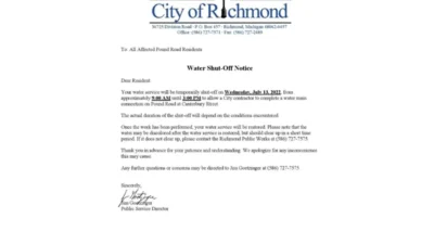 USA Michigan City of Richmond Water Utility Bill Shutoff Notice Word And PDF Template