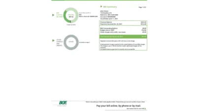 USA Maryland Baltimore Gas And Electric (BGE) Utility Bill Word And PDF Template (2 pages)