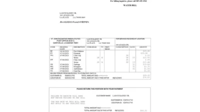USA Louisiana St. John The Baptist Parish Water Bill Word And PDF Template