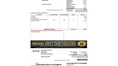USA City of Sumter South Carolina Water Utility Bill Word And PDF Template