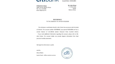 Kenya Citibank Bank Reference Letter Template