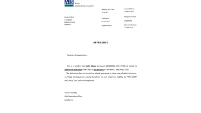 Ireland AIB Bank Account Reference Letter Template