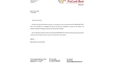 Albania ProCredit Bank Reference Letter Template