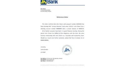 Jamaica National Bank Reference Letter Template