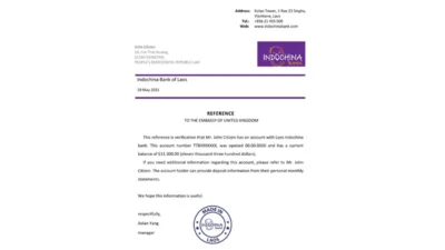 Laos Indochina Bank Reference Letter Template
