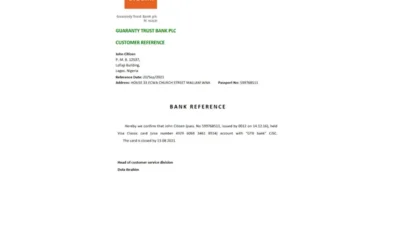 Nigeria GTBank bank account closure reference letter template