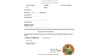 Florida Business License Template for Photography in Word and PDF Format