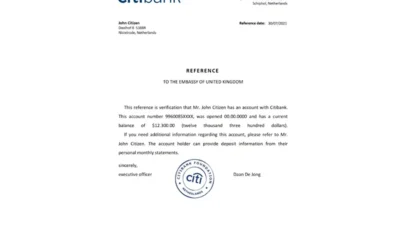 Netherlands Citibank Bank Reference Letter Template