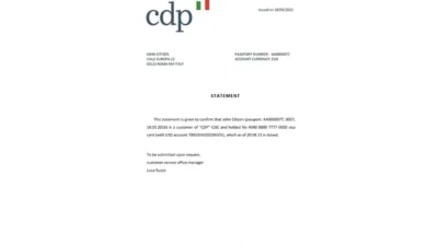 Italy CDP bank Account Reference Letter Template