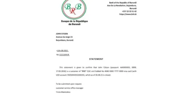 Burundi The Republic Bank of Burundi Bank Reference Letter Template
