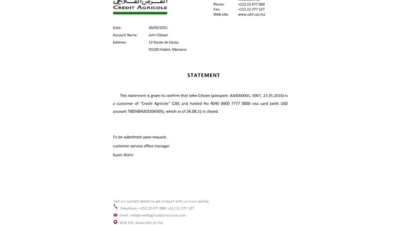 Morocco Credit Agricole Bank Reference Letter Template