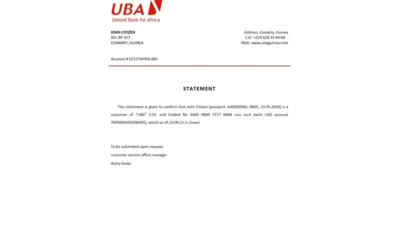 Guinea UBA Bank Reference Letter Template