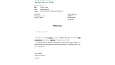 Benin Ecobank Bank Reference Letter Template