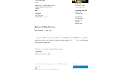 Canada BMO Bank of Montreal Bank Reference Letter Template