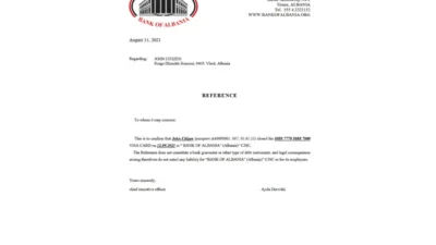 Albania Bank of Albania bank account closure reference letter template
