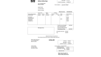 USA Massachusetts Milton Utility Dept Water Utility Bill Word And PDF Template