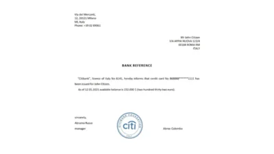 Italy Citibank Bank Reference Letter Template