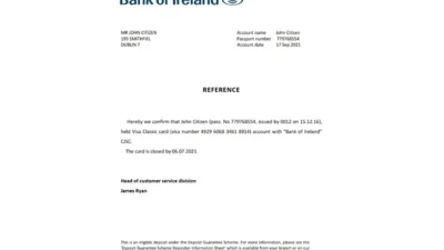 Ireland Bank of Ireland Bank Reference Letter Template