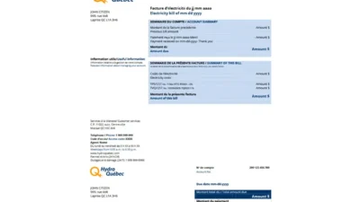 Canada Hydro-Québec utility bill template in Word and PDF format