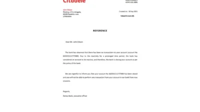 Lithuania Citadele Bank Account Reference Letter Template