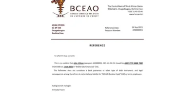 Burkina Faso The Central Bank of West African States Bank Reference Letter Template
