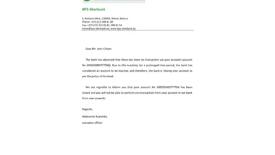 Belarus BPS-SBERBANK Bank Reference Letter Template