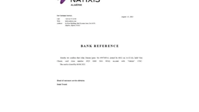 Algeria Natixis Algerie Bank Reference Letter Template