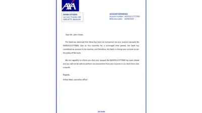 Belgium AXA Bank Reference Letter Template
