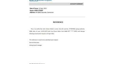 Cameroon The Atlantic Bank Reference Letter Template
