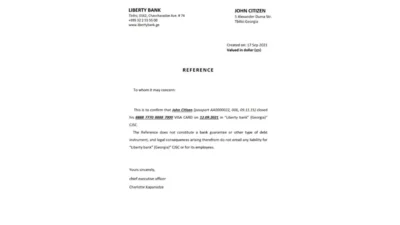 Georgia Liberty Bank Account Reference Letter Template