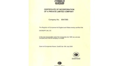 United Kingdom Entropy UK Ltd Certificate of Incorporation Template in Word and PDF Format