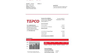 Japan Tokyo Electric Power Company Rlectricity Utility Bill Word And PDF Template
