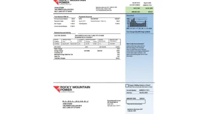 USA Utah Rocky Mountain Power electricity utility bill template