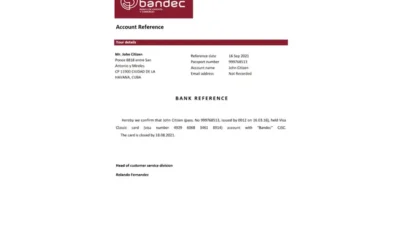 Cuba Bandec Banco de Credito y Comercio Bank Reference Letter Template