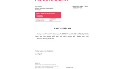 Montenegro Addiko Bank Reference Letter Template
