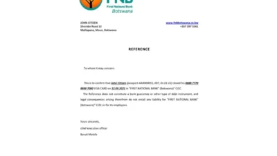 Botswana First National Bank (FNB) Bank Reference Letter Template