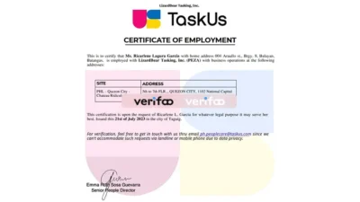 Editable Philippines LizardBear Tasking Inc Employment Certificate Word and Pdf Template