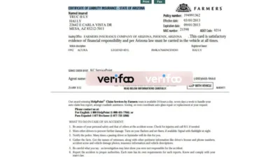 CERTIFICATE OF LIABILITY INSURANCE – STATE OF ARIZONA