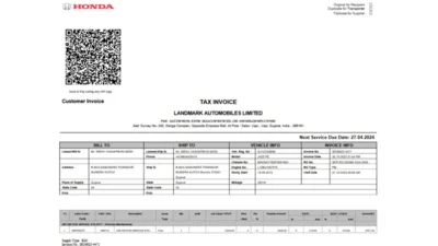 Honda Vehicle Service and Parts Tax Invoice Template