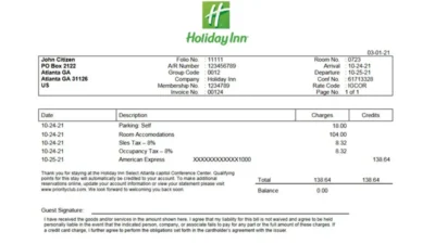 USA Holiday Inn InterContinental Hotels Group invoice template