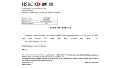 Hong Kong HSBC Bank Reference Letter Template Version 2